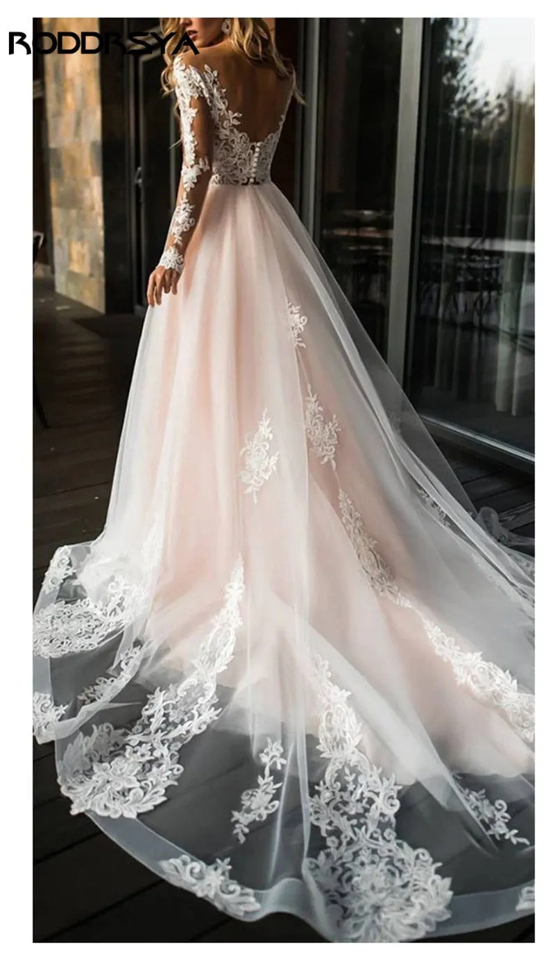 A-Line Wedding Dress Scoop Long Sleeves Lace Appliques Tulle Boho Wedding Gowns Train Vestido De Novia