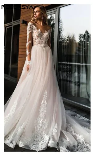 A-Line Wedding Dress Scoop Long Sleeves Lace Appliques Tulle Boho Wedding Gowns Train Vestido De Novia