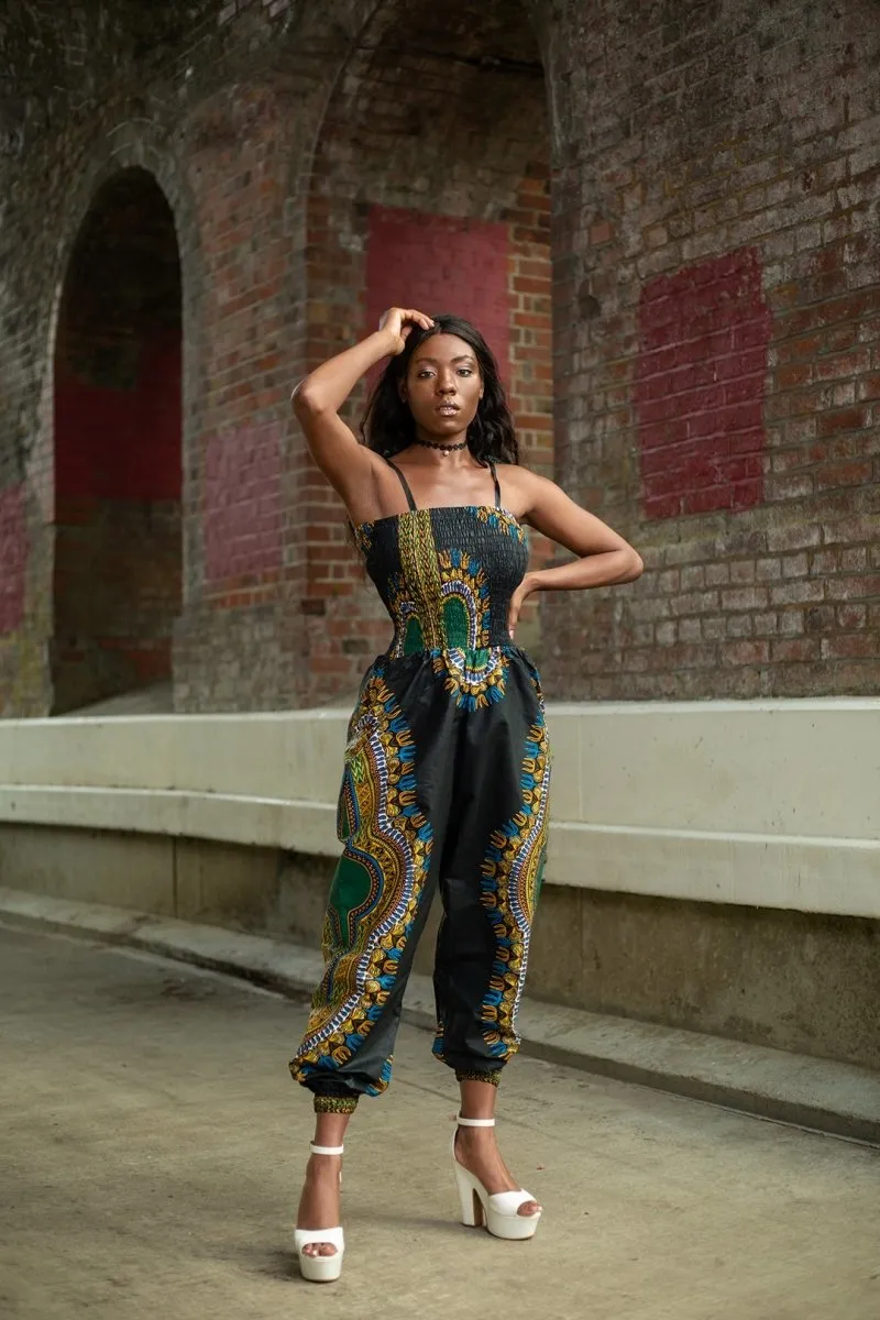 African Jumpsuit in Black Dashiki Print