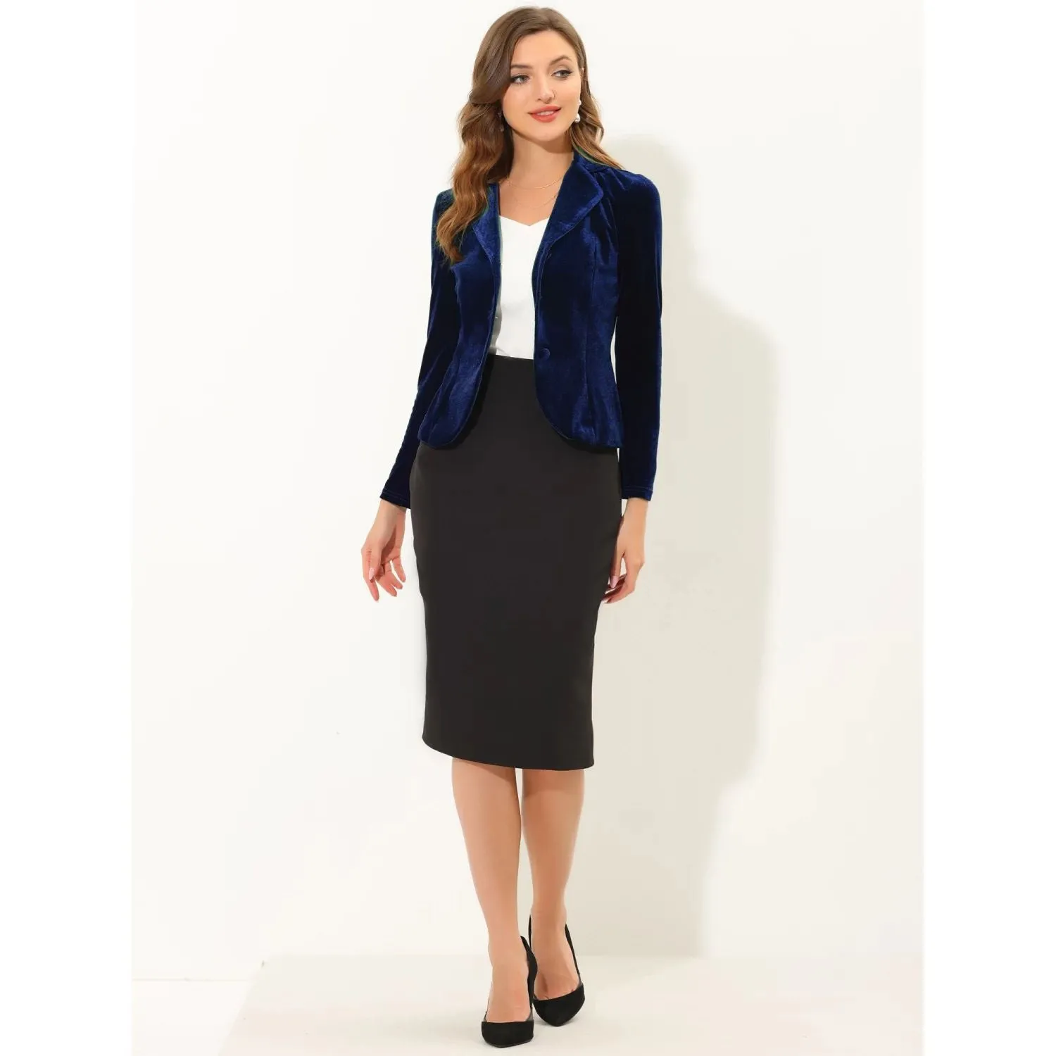 ALLEGRA K Women's Long Sleeve Velvet Jacket with Notched Lapel Buttons