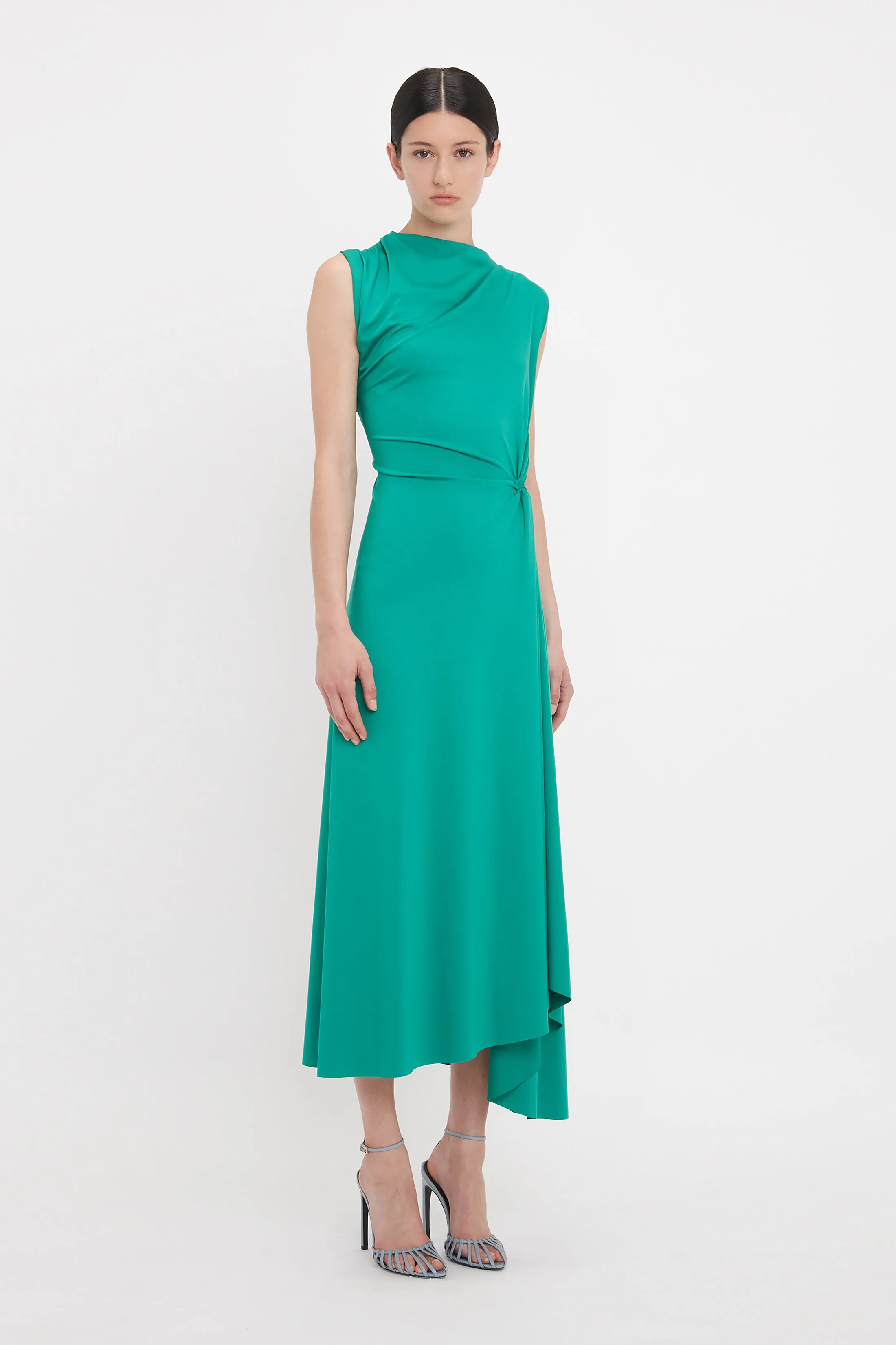 Asymmetric Drape Midi Dress In Peacock