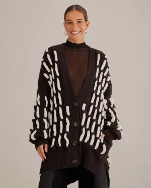 Black And White Textured Knit Cardigan