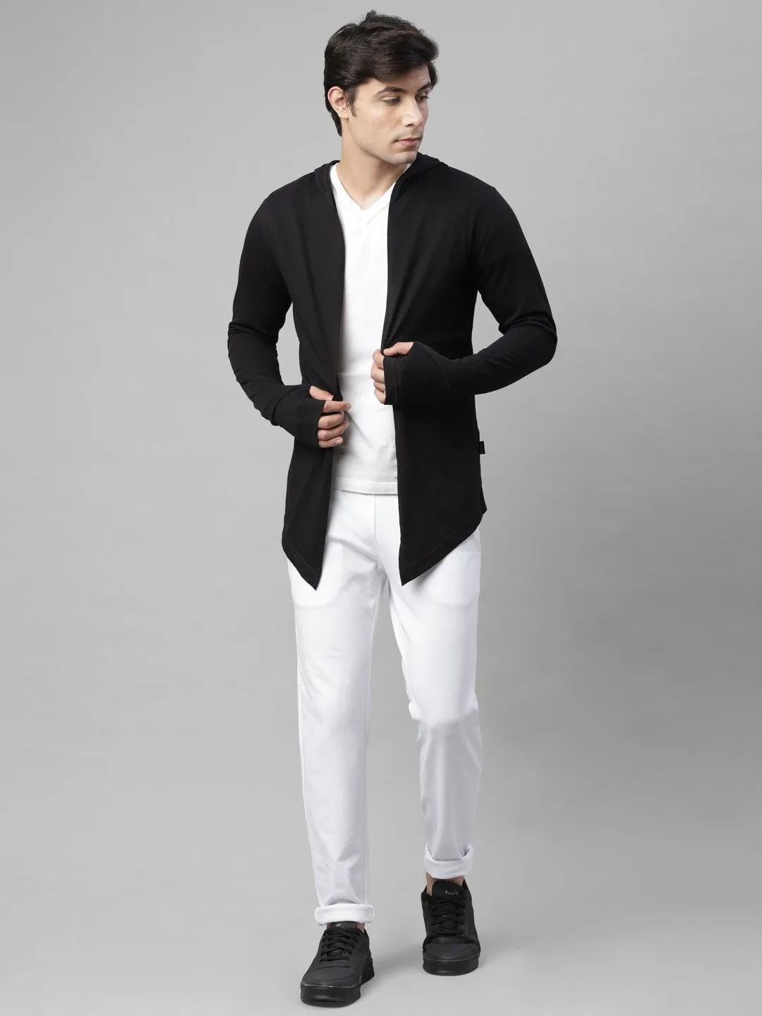 Black Hooded Thumbhole Cotton Open Long Cardigan