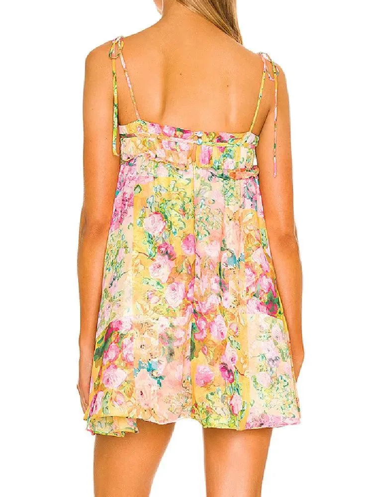 Boho Bow Floral Mini Dress Women