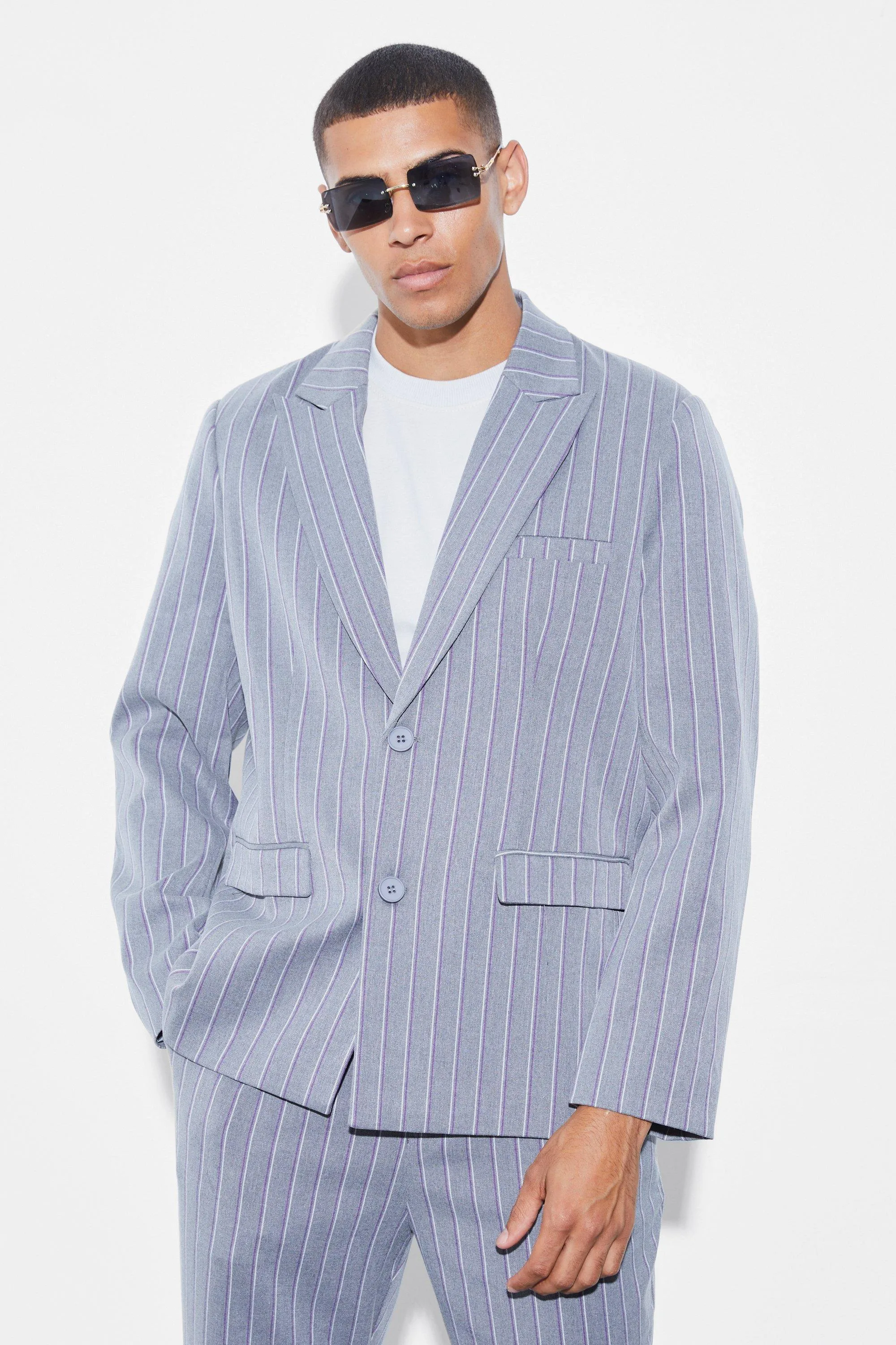 Boohoo Oversized Striped Suit Jacket, Gray