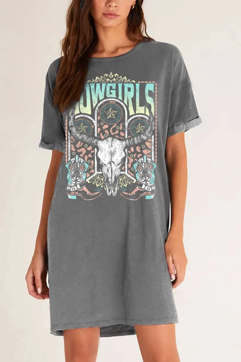 Cowgirl Steer Skull and Boots Graphic T-Shirt Dress