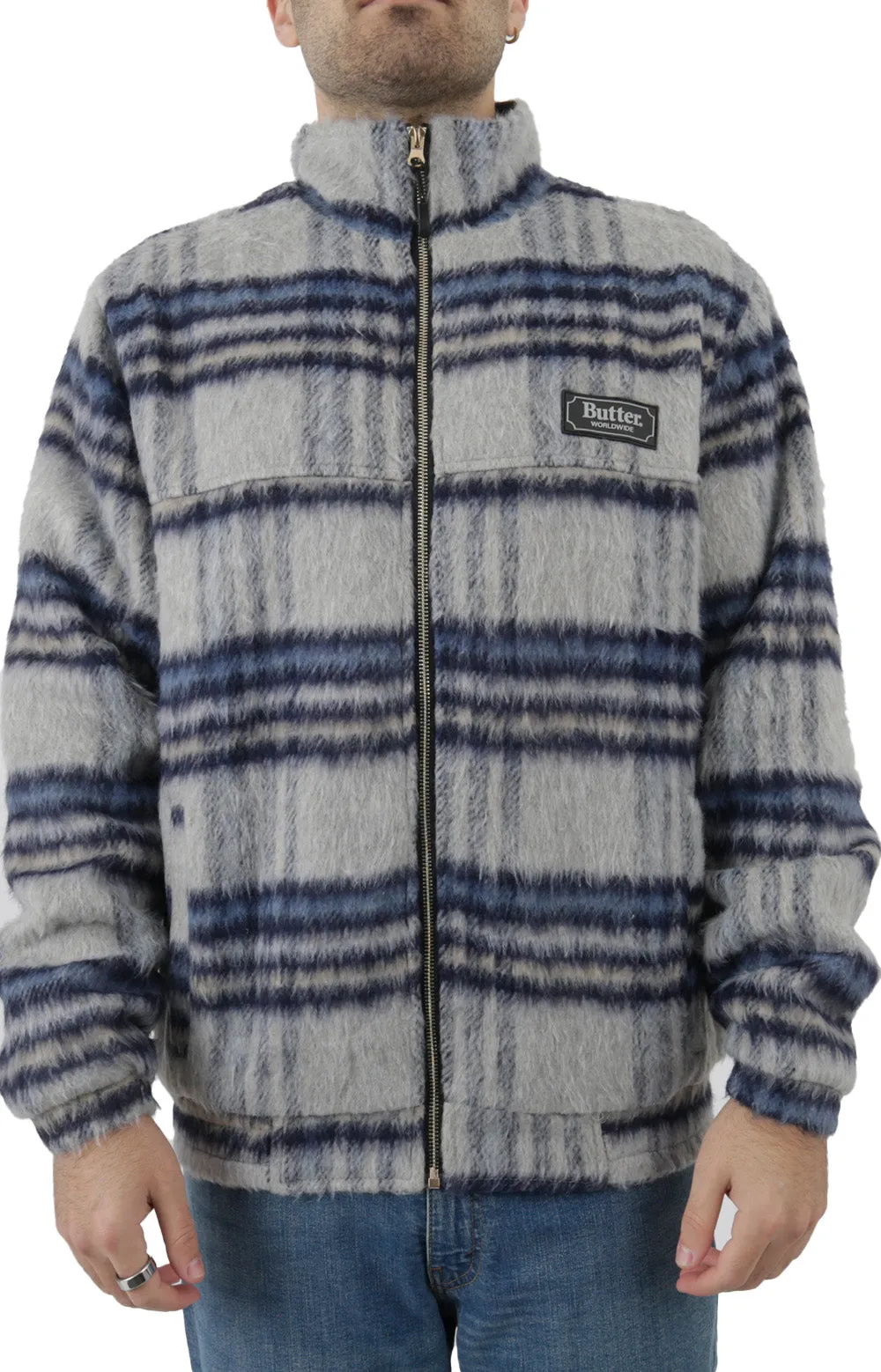 Cozy Hairy Plaid Insulated Jacket - Navy