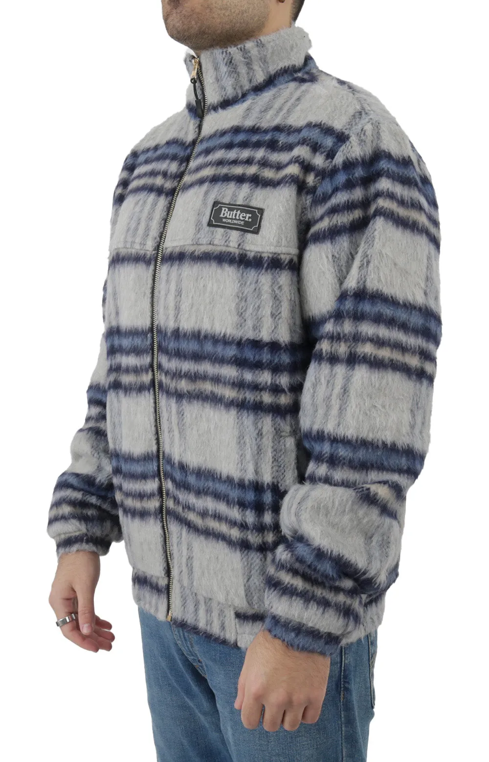 Cozy Hairy Plaid Insulated Jacket - Navy