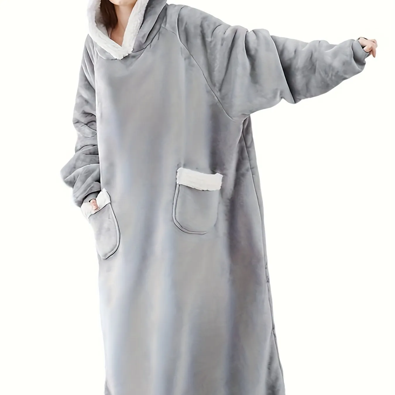 Cozy Plus-Size Hooded Fleece Robe - Winter Casual Comfort with Pockets & Stretch Fabric, Machine Washable