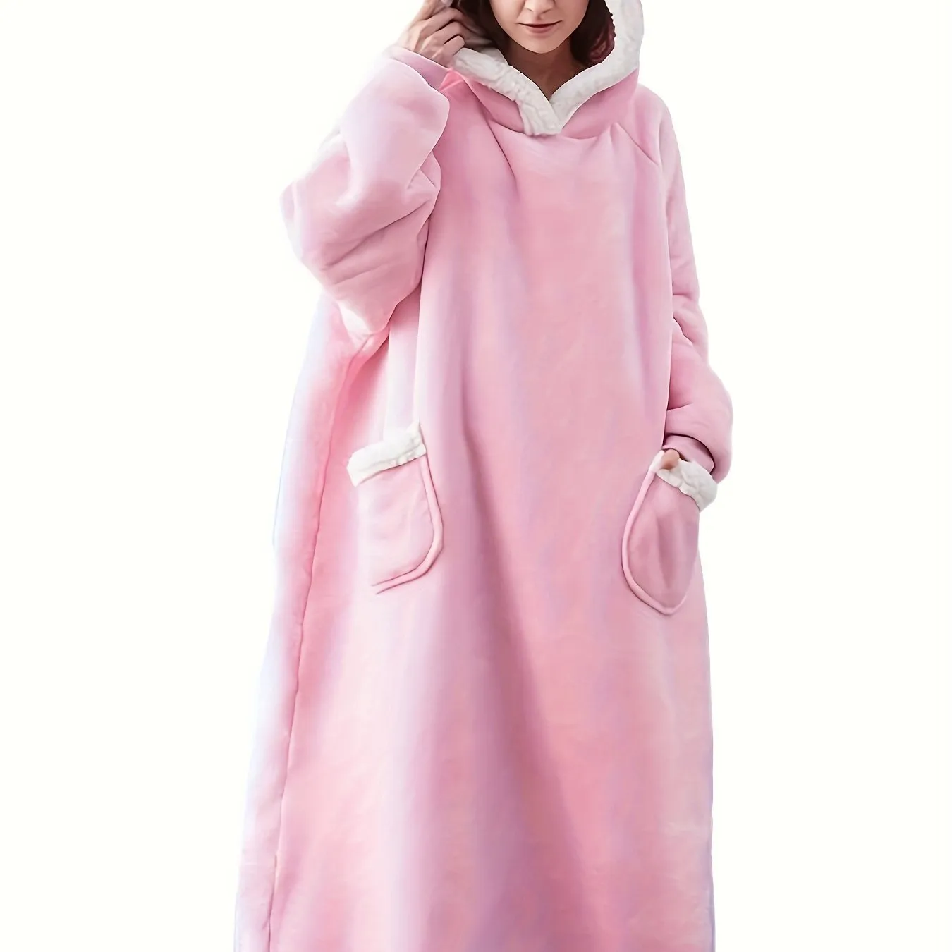 Cozy Plus-Size Hooded Fleece Robe - Winter Casual Comfort with Pockets & Stretch Fabric, Machine Washable