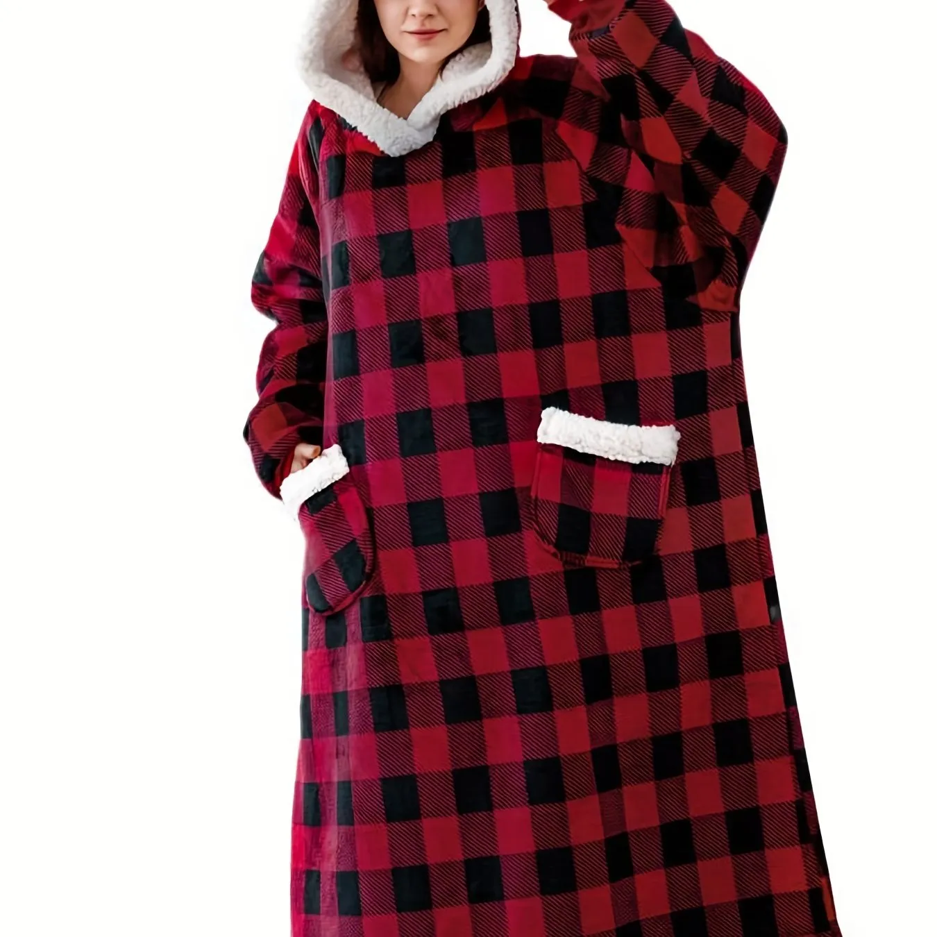 Cozy Plus-Size Hooded Fleece Robe - Winter Casual Comfort with Pockets & Stretch Fabric, Machine Washable