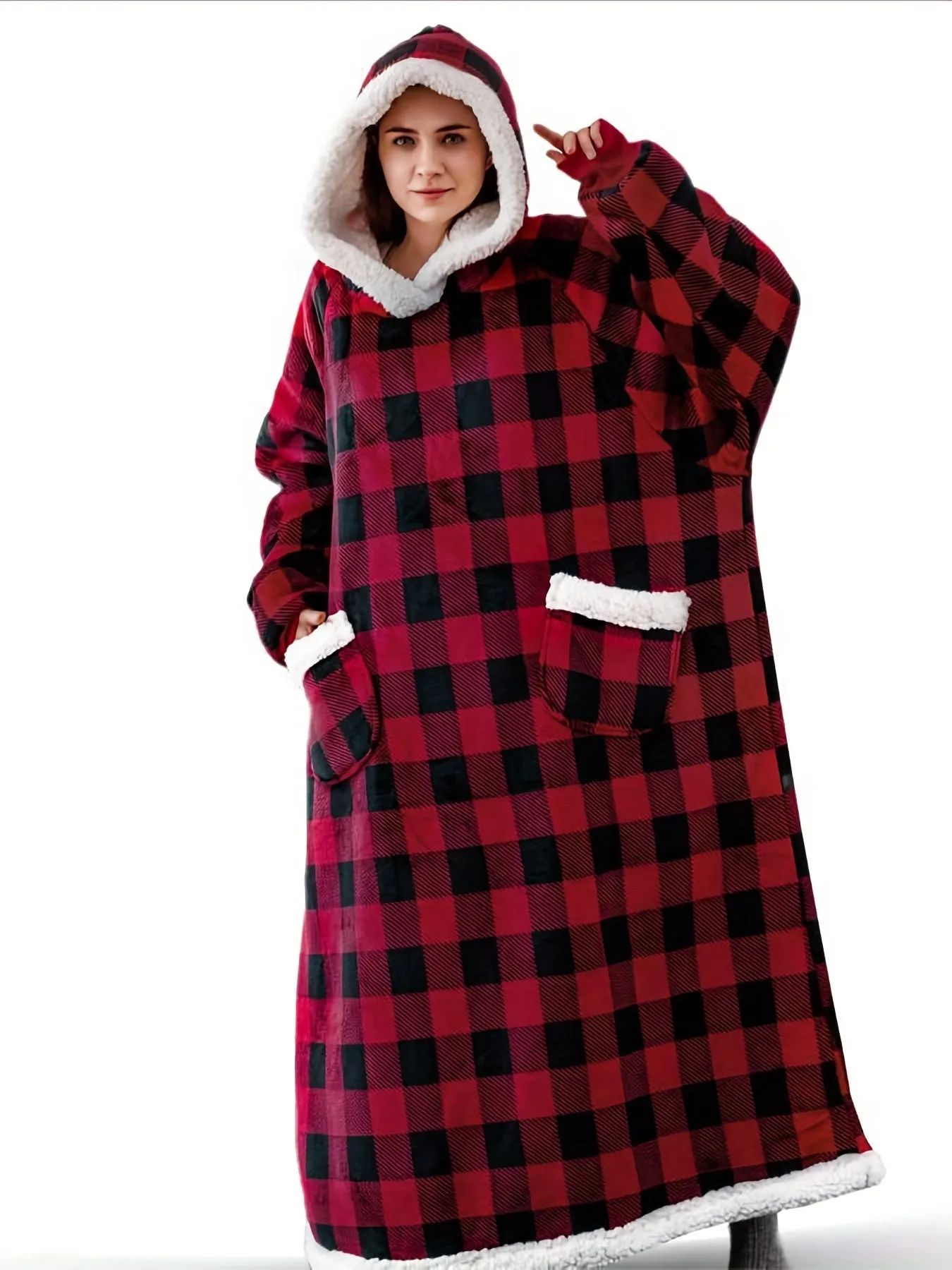 Cozy Plus-Size Hooded Fleece Robe - Winter Casual Comfort with Pockets & Stretch Fabric, Machine Washable