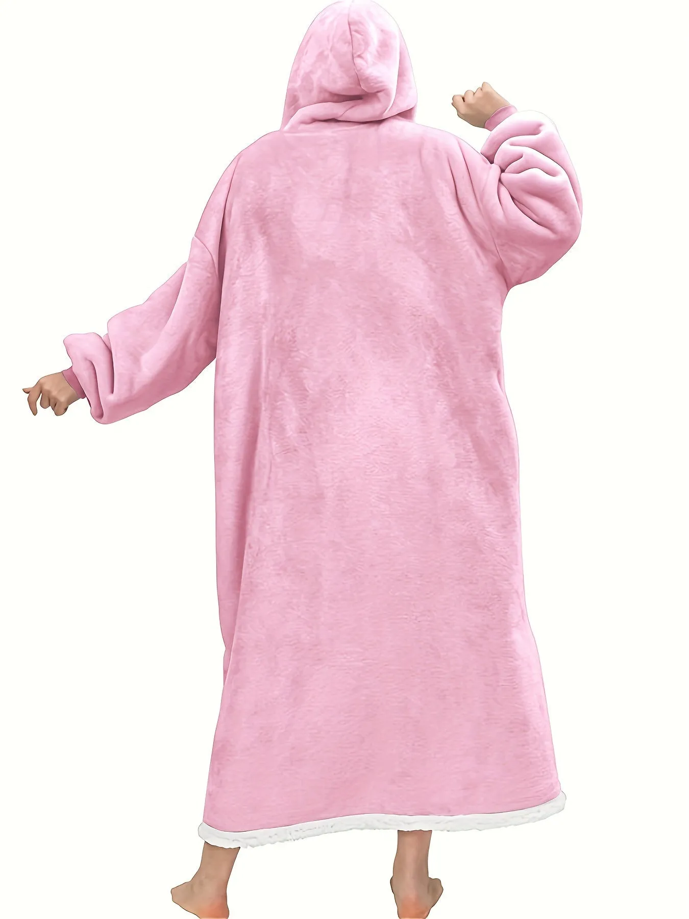 Cozy Plus-Size Hooded Fleece Robe - Winter Casual Comfort with Pockets & Stretch Fabric, Machine Washable