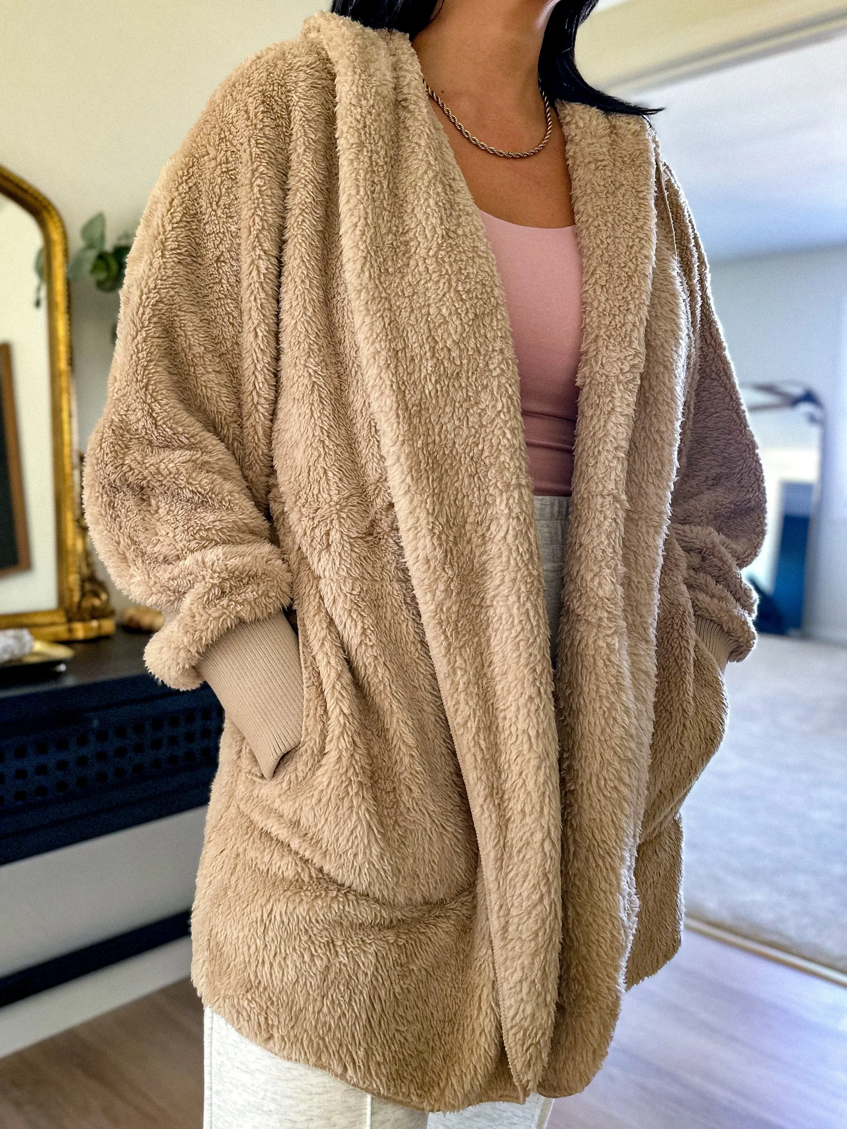 Cozy Plush Hooded Jacket - Beige