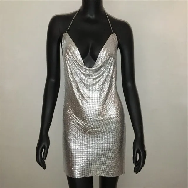 Deep V Neck Blackless Halter Silver Metal Sequined Slit Stage Show Party Mini Dresses