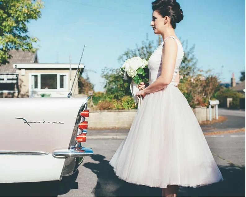 Delicate Scoop Neck Tea Length Vintage 1950s Wedding Dress,Barn Wedding Dresses,20110640