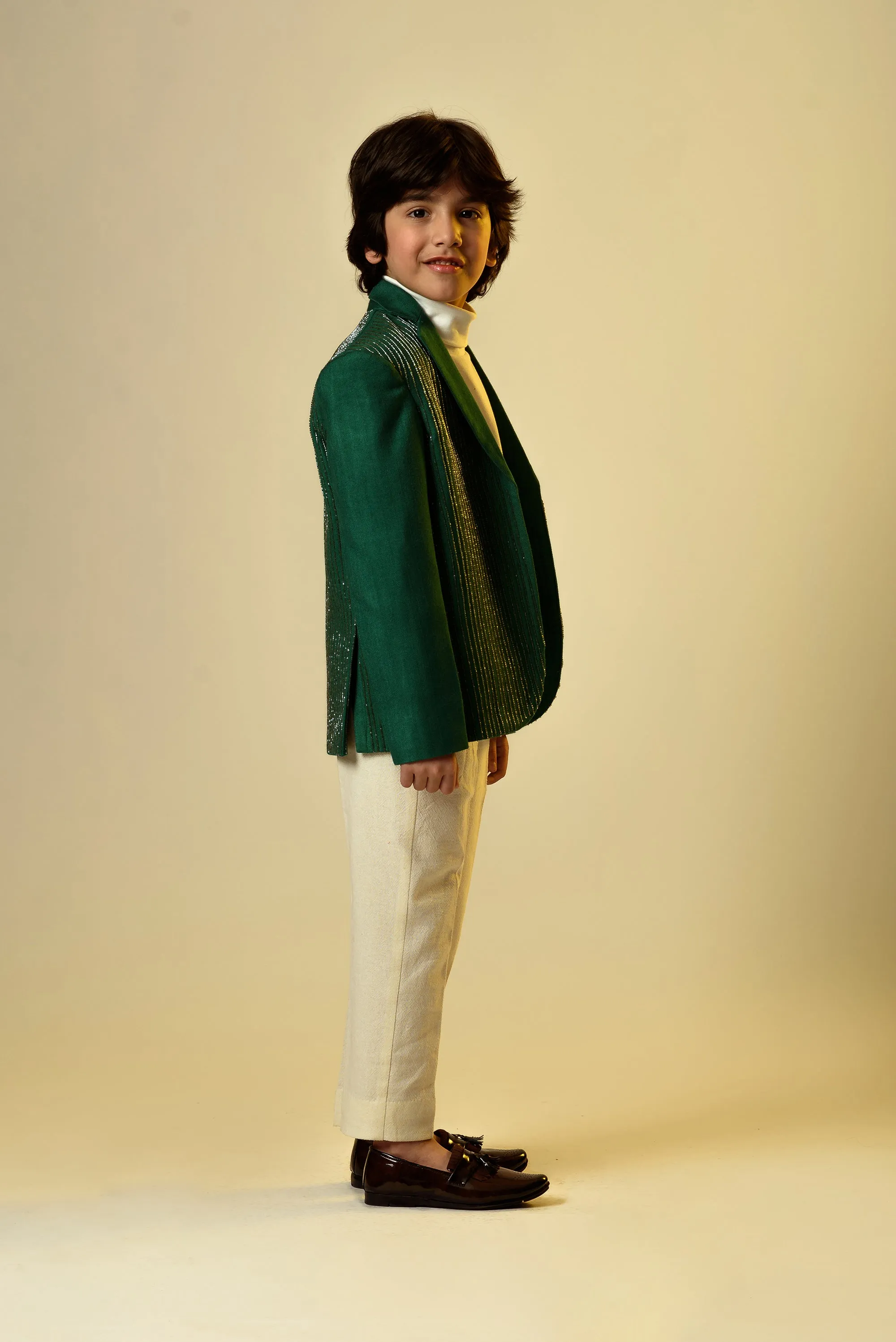 Green Eye- Embroidered Herringbone Organic Wool Blazer For Boys