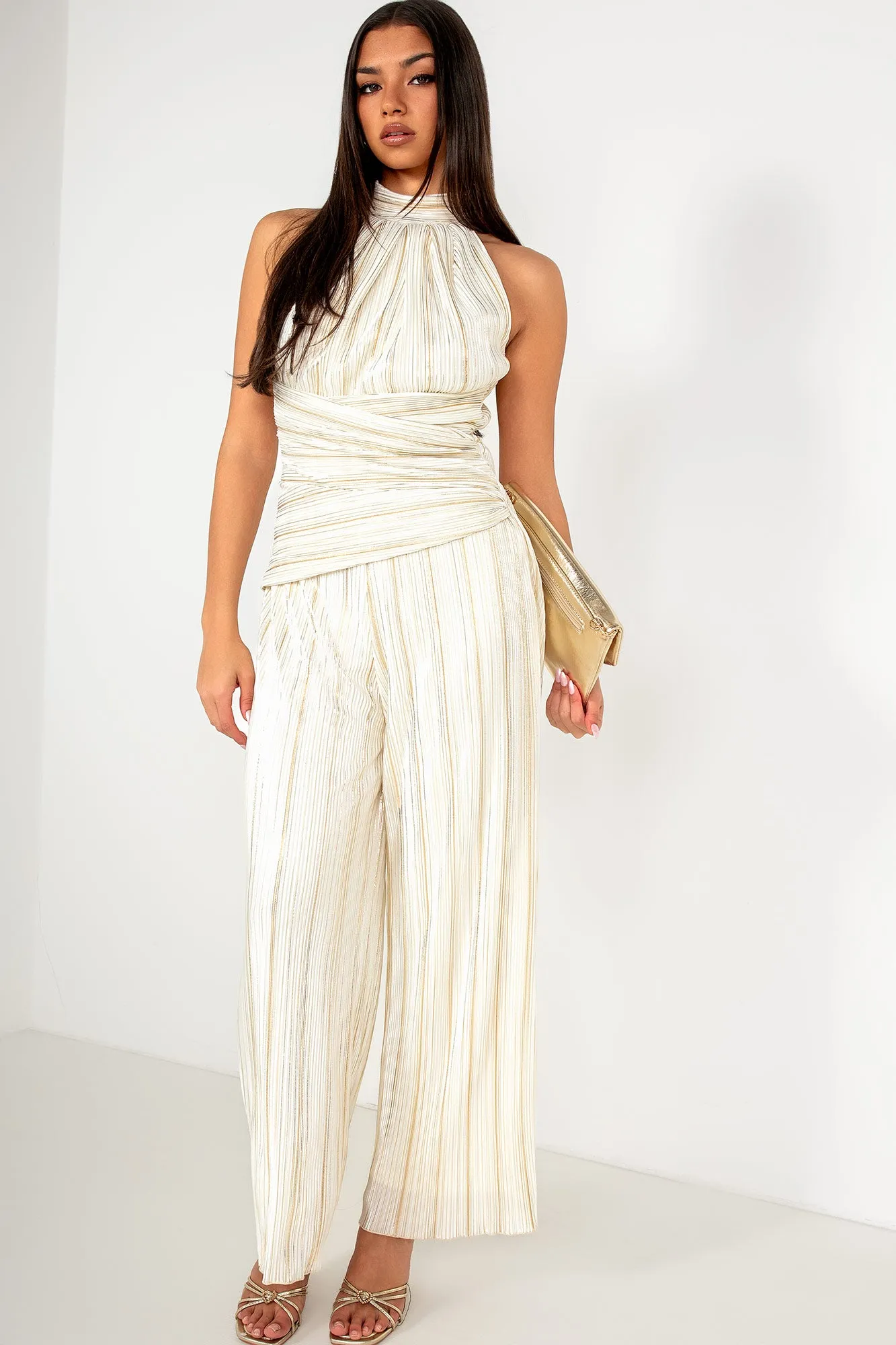 Gwen Cream and Gold Plisse Jumpsuit