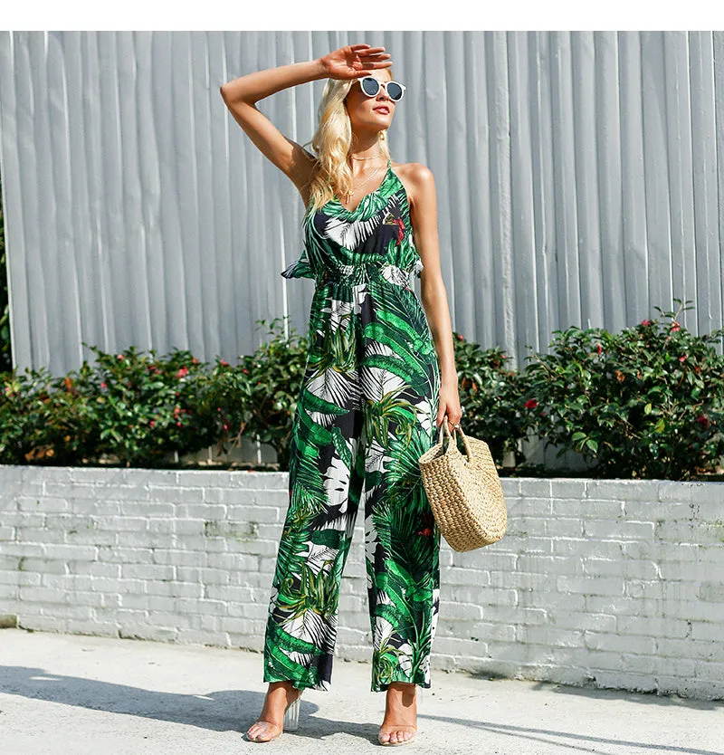 Jungle Girl Ruffle Leaf Print Jumpsuit