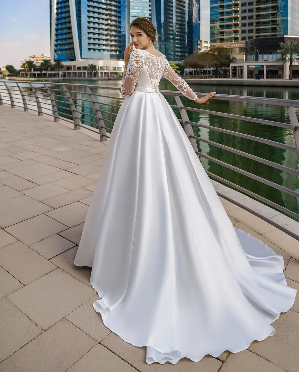 Lace Long Sleeve Satin Bride Dress With Belt Women Elegant Wedding Party Gowns Dress