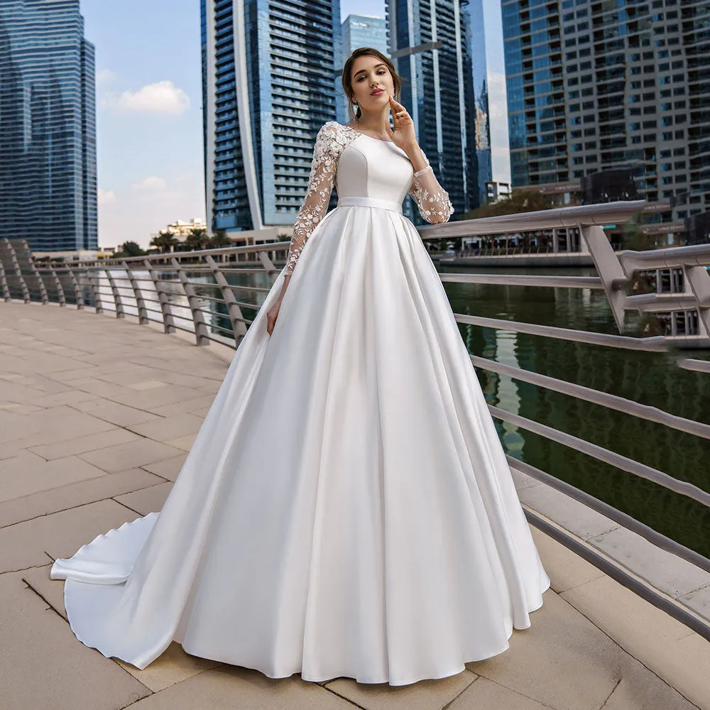 Lace Long Sleeve Satin Bride Dress With Belt Women Elegant Wedding Party Gowns Dress