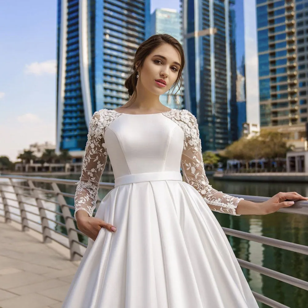 Lace Long Sleeve Satin Bride Dress With Belt Women Elegant Wedding Party Gowns Dress