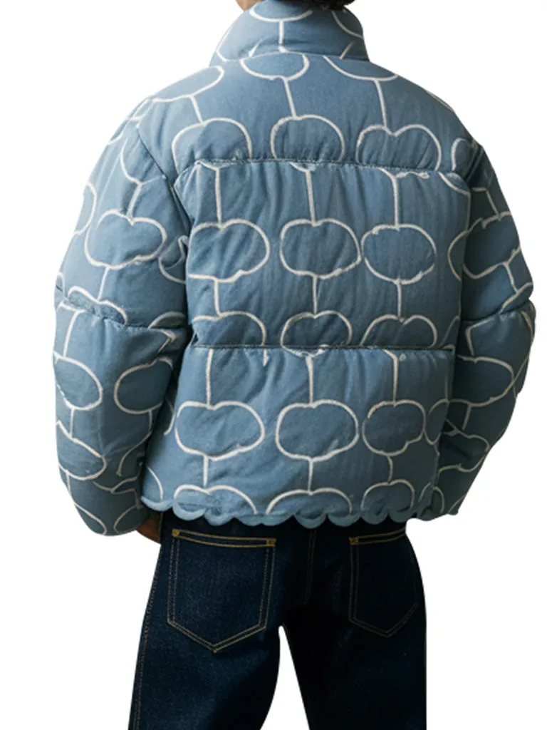 Light Blue Graphic Patterned Puffer Jacket