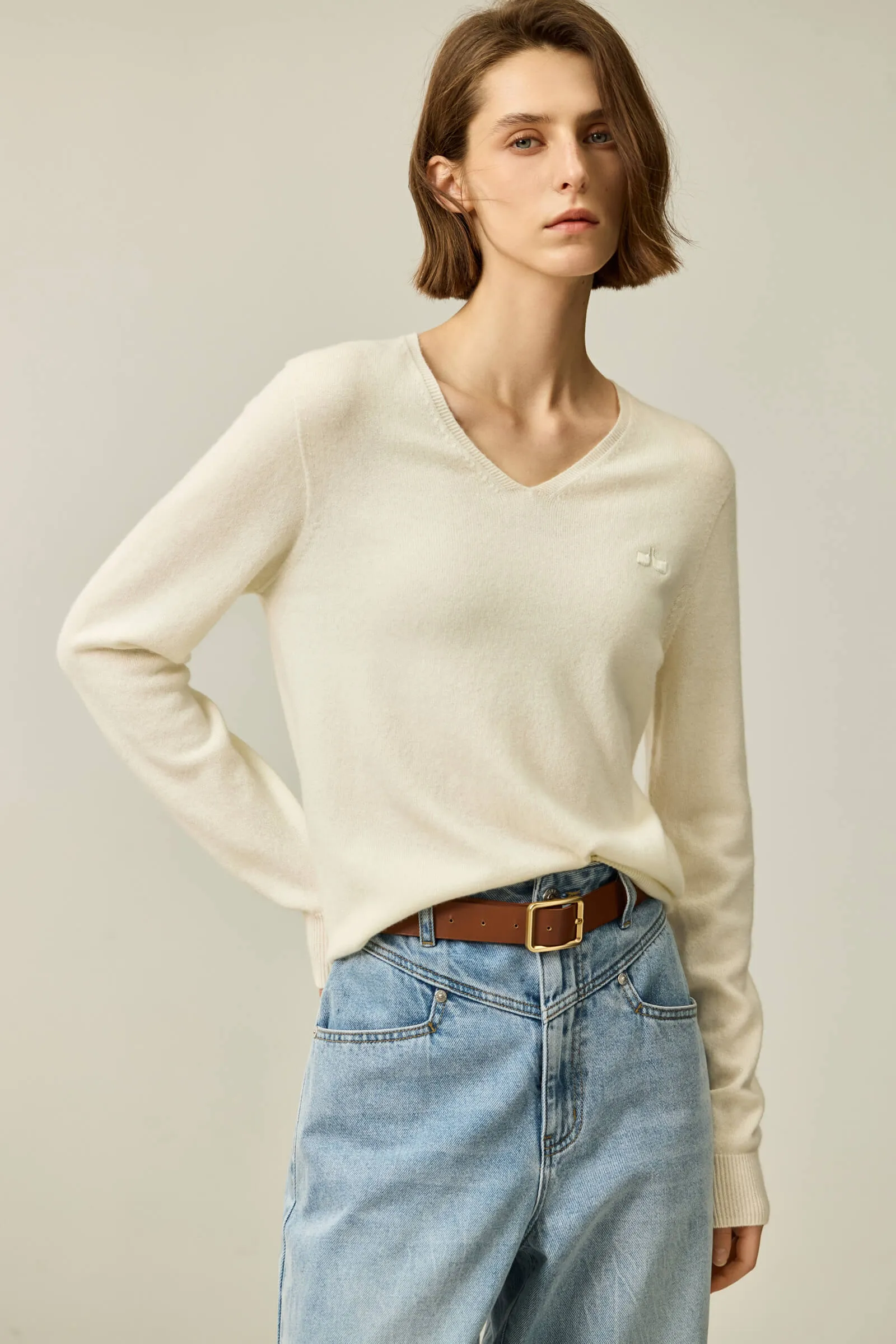 LILY Merino Wool V-Neck Knit Sweater