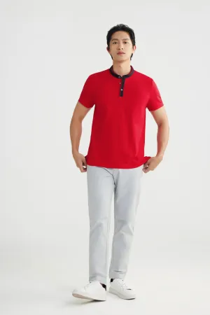 Non-Iron Pure Cotton Stand Collar Polo with Dragon Embroidery on Sleeve