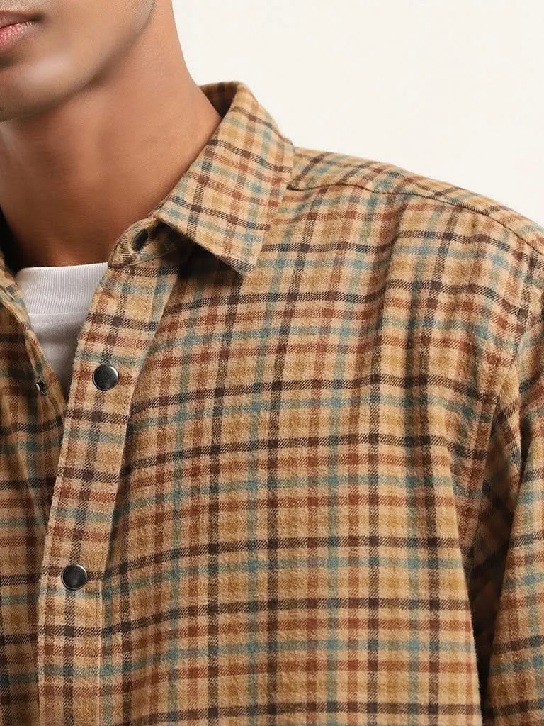 Nuon Brown Checked Cotton Relaxed Fit Shirt