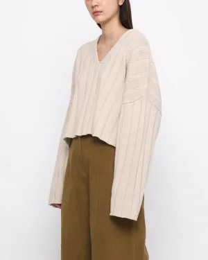 Oversized Ribbed V-Neck in Beige/White