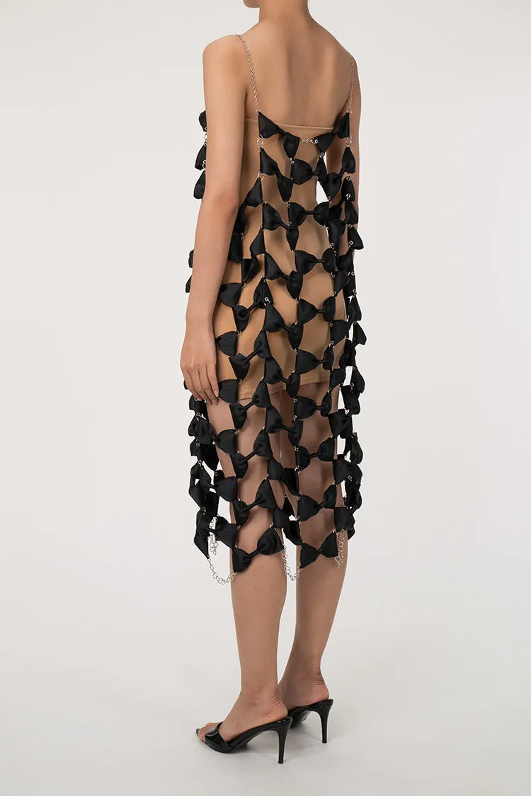 Rebellious Bow Embellished Chain Link Chainmail Sheer Slip Midi Dress