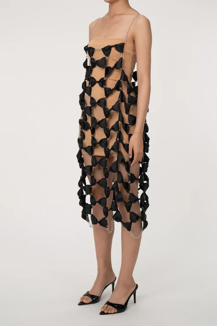 Rebellious Bow Embellished Chain Link Chainmail Sheer Slip Midi Dress