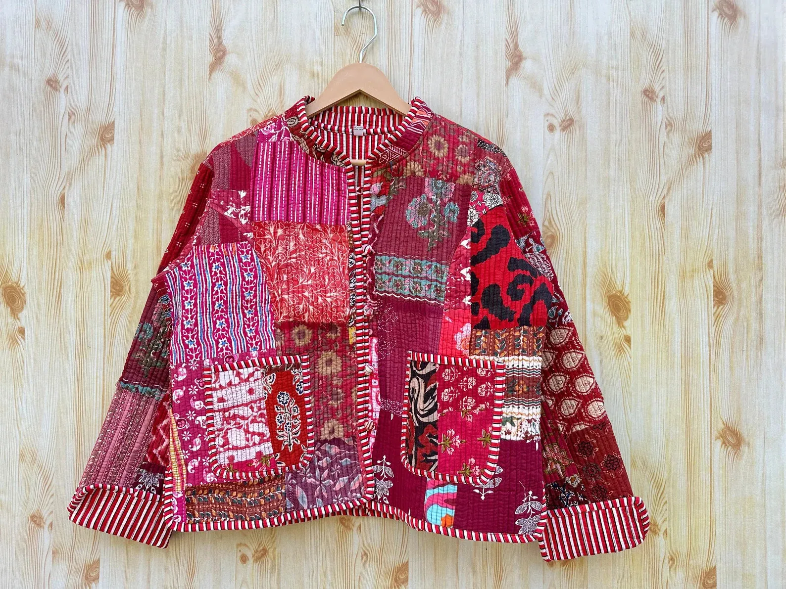 Red Kantha Fabric Reversible Handmade Block Print Quilted Jacket