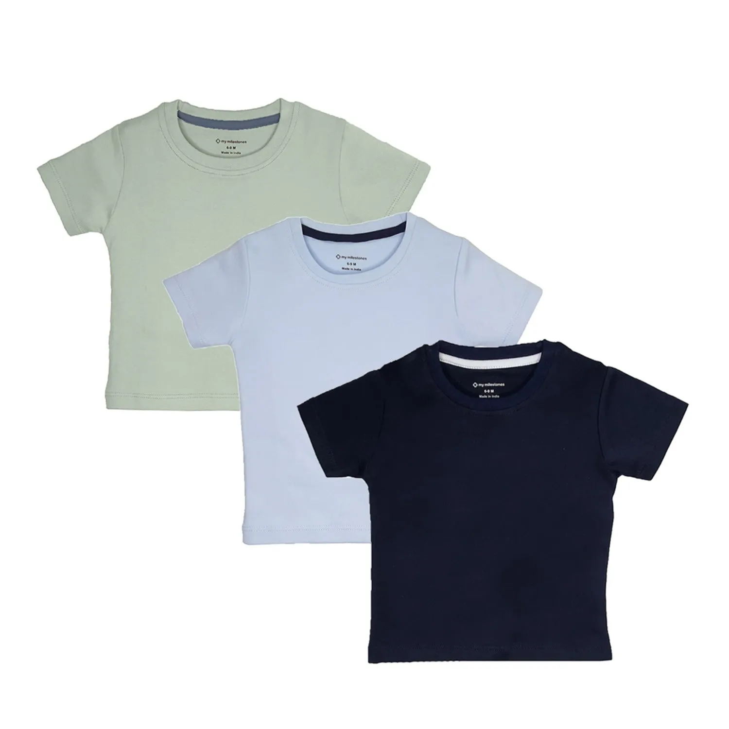 Round Neck T-Shirt - Solid - Navy/Blue/Sage Green - 3Pc Pack