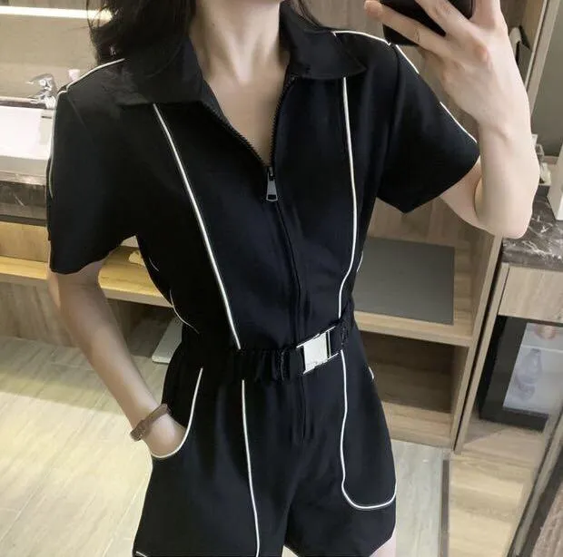 Short-Sleeve Zipper Lapel Slim Wide Leg One Piece Style Jumpsuit