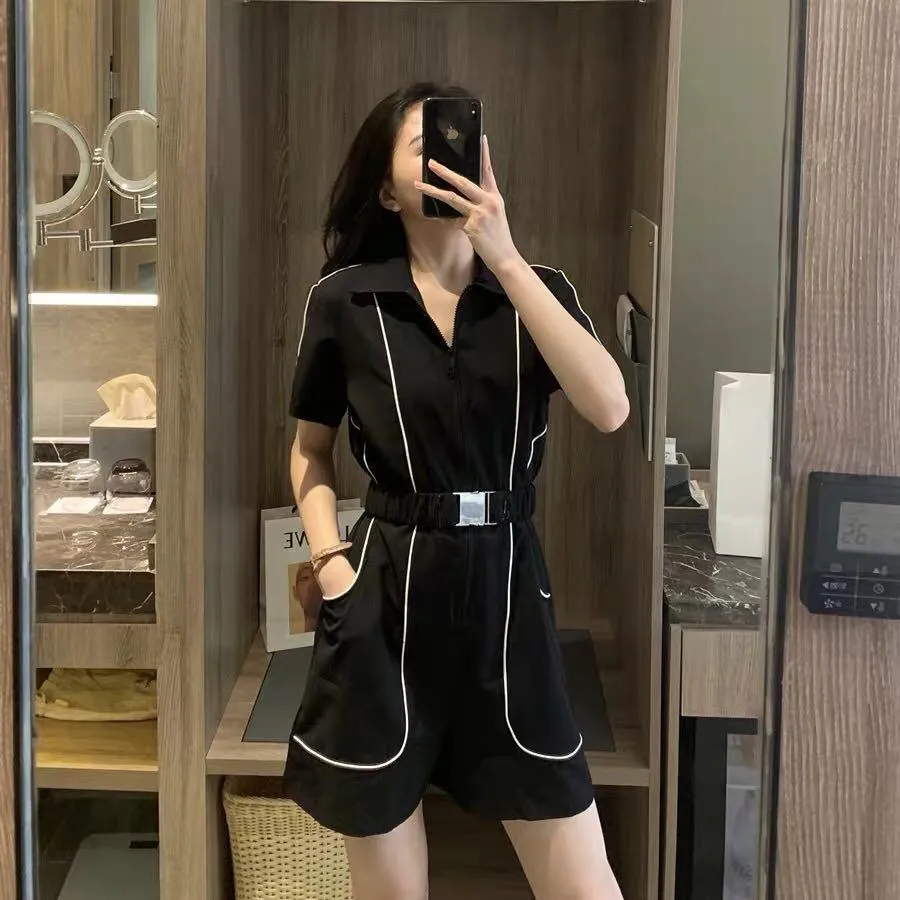 Short-Sleeve Zipper Lapel Slim Wide Leg One Piece Style Jumpsuit