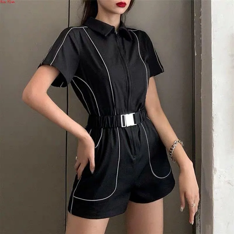 Short-Sleeve Zipper Lapel Slim Wide Leg One Piece Style Jumpsuit