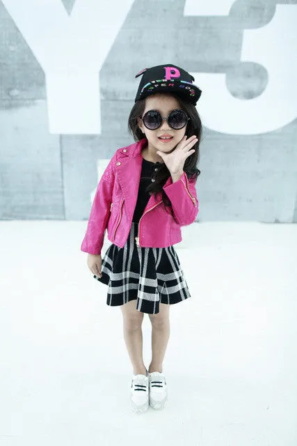 Spring & Autumn Fashion Kids Leather Jacket Girls PU Jacket Children Leather Outwear For Girl Baby Girl Jackets and Coats 2~7 T