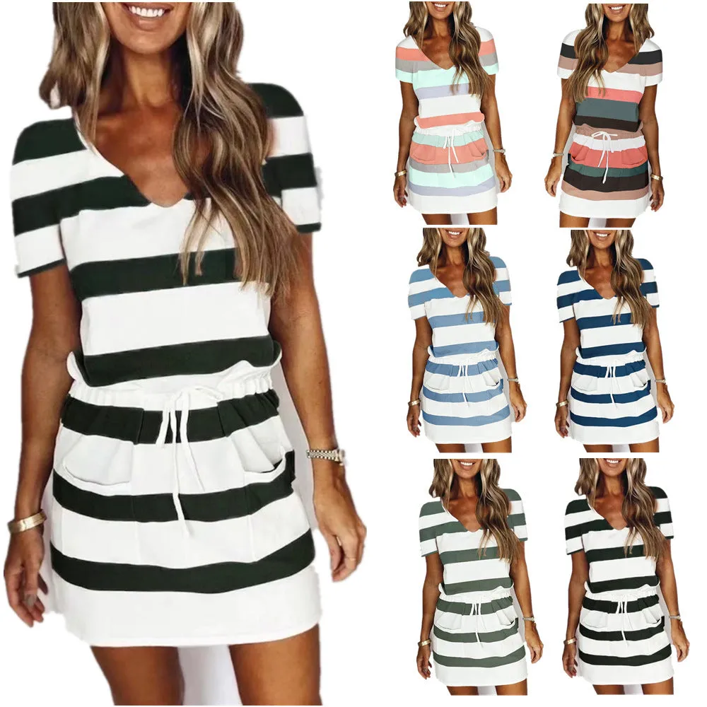 Striped Print Short-sleeved Dresses