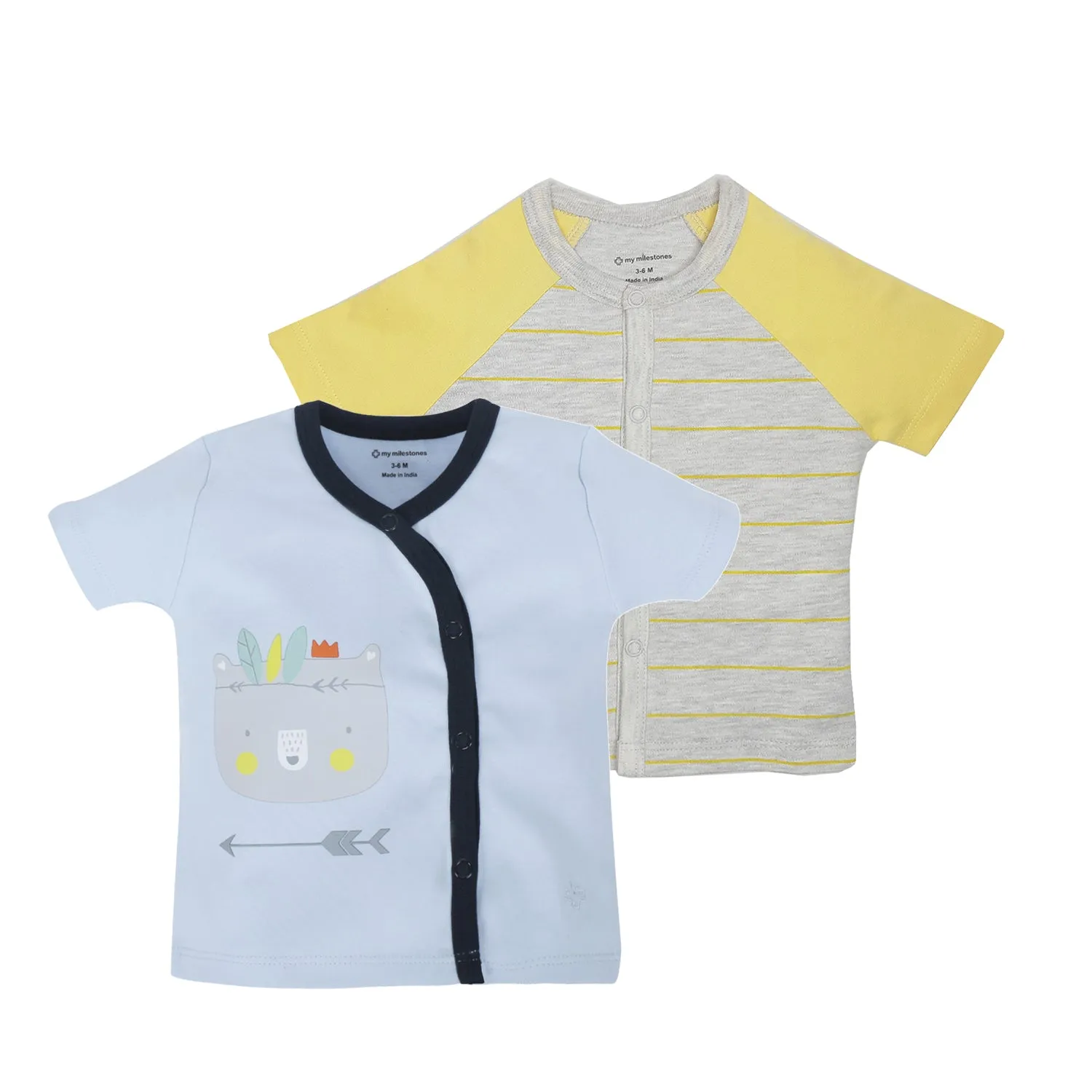 T-Shirt Half Sleeves Boys Grey Yellow Raglan/ Baby Blue -2Pc Pack