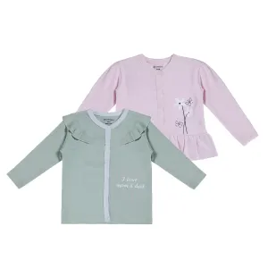 Top Full Sleeves Girls Pink/Sage Green - 2Pc Set