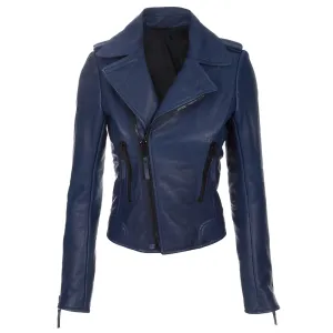 Women Navy Blue Biker Fashion Leather Jacket