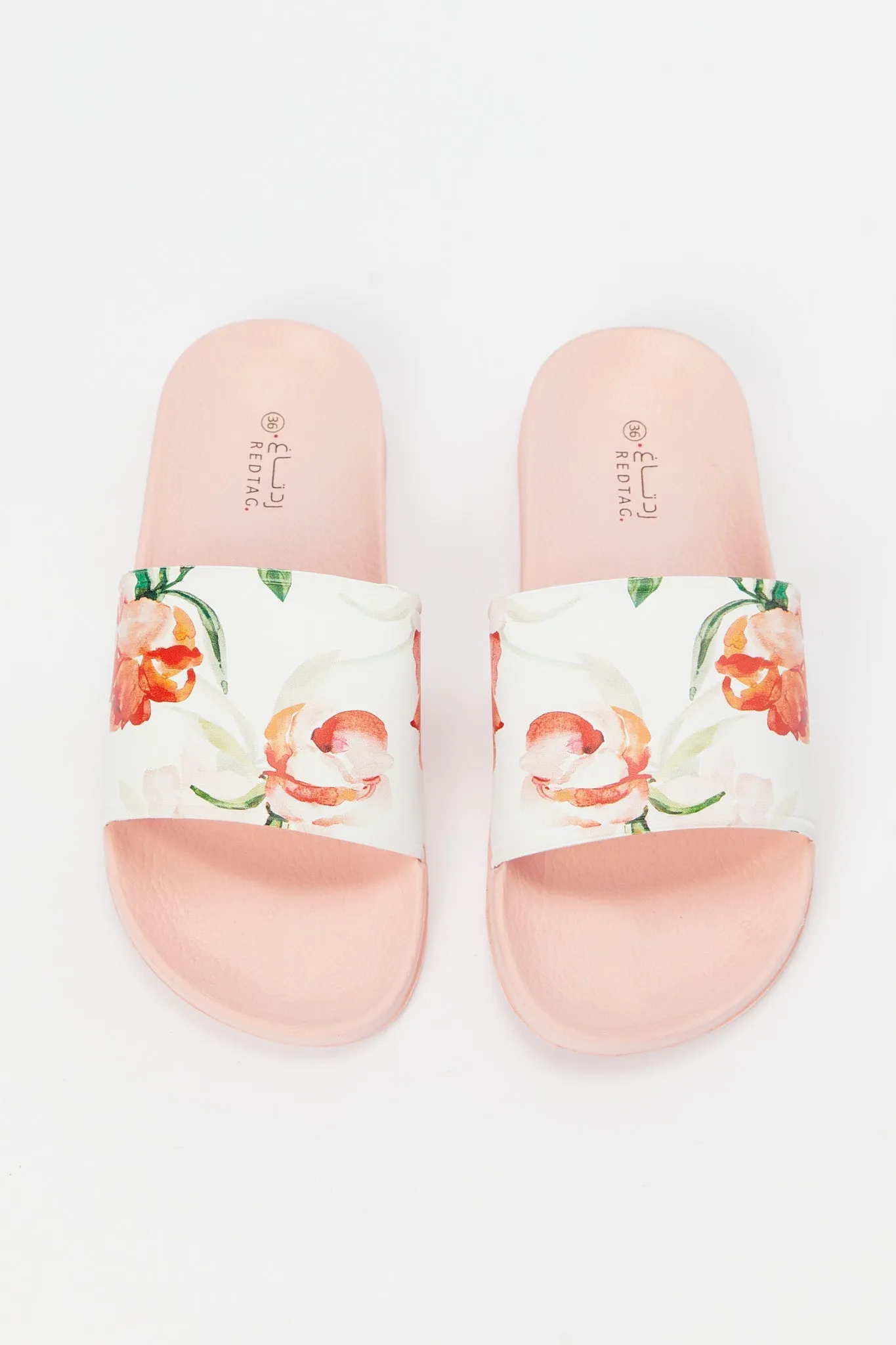 Women White And Pink Floral Print Slide