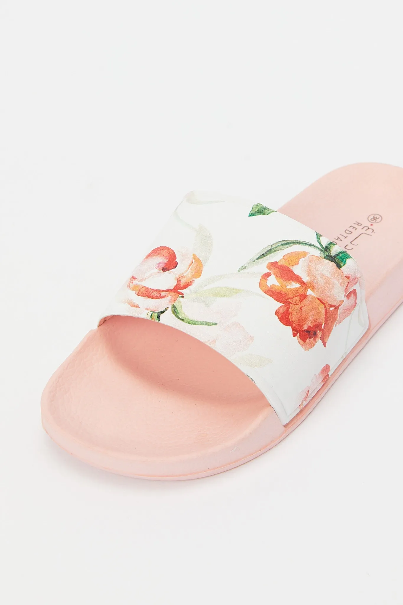 Women White And Pink Floral Print Slide