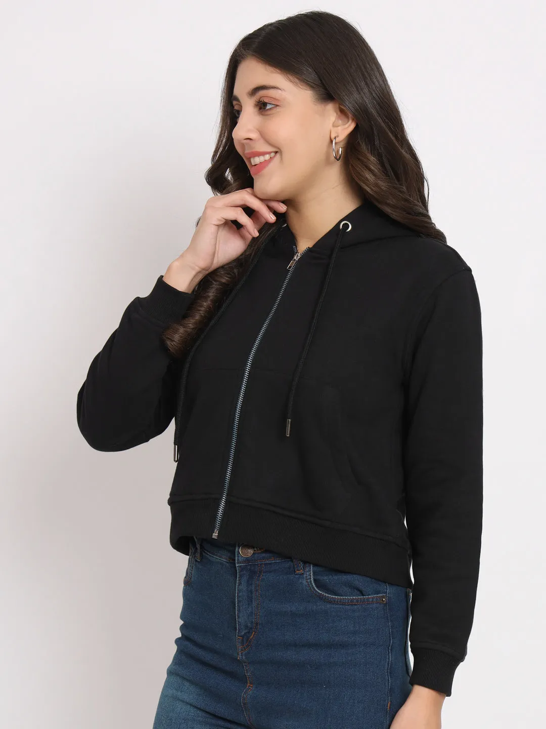 Women's Hooded Long Sleeves Cotton Black Jacket