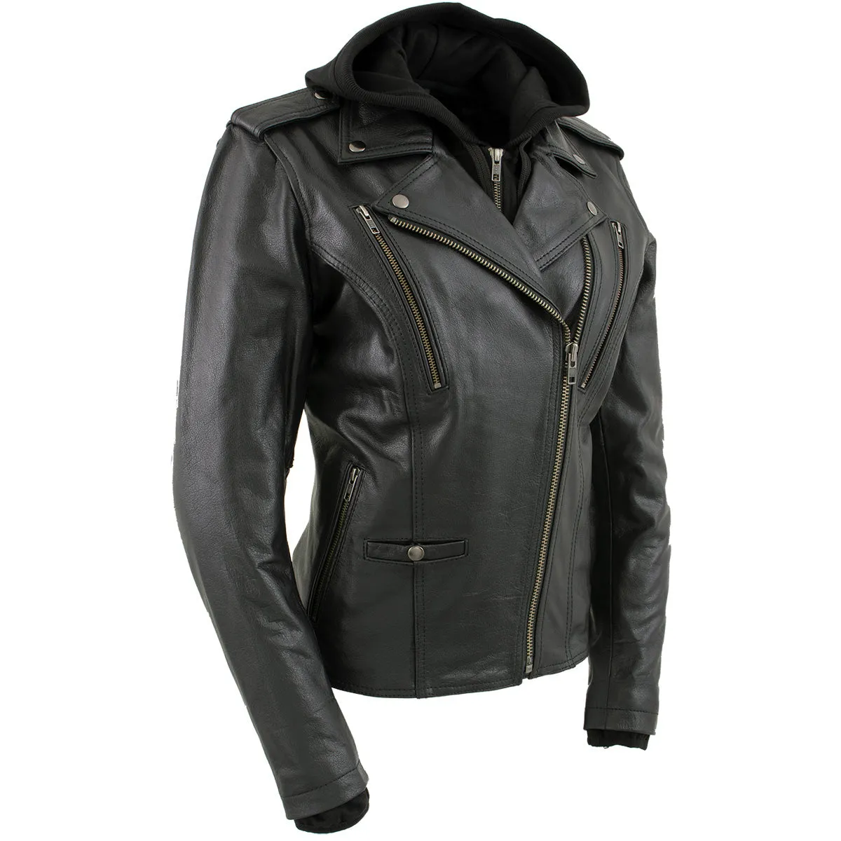 Xelement XS2516 Women's Black ‘Madame’ Hooded and Vented Motorcycle Biker  Leather Jacket